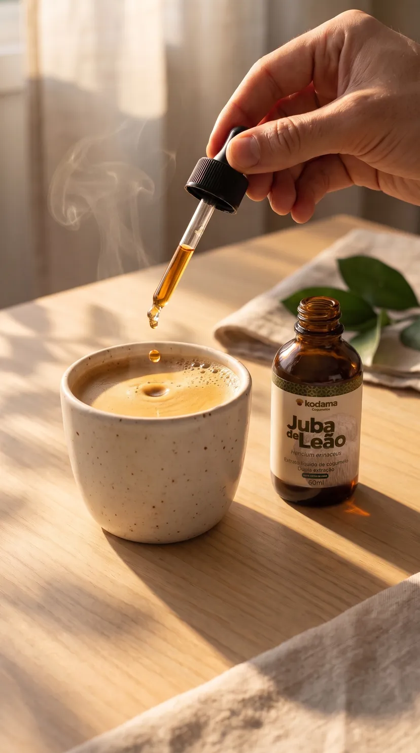 Uma gota de extrato de cogumelo cai do conta-gotas numa xícara de café; ao lado, o frasco de Juba de Leão da Kodama.