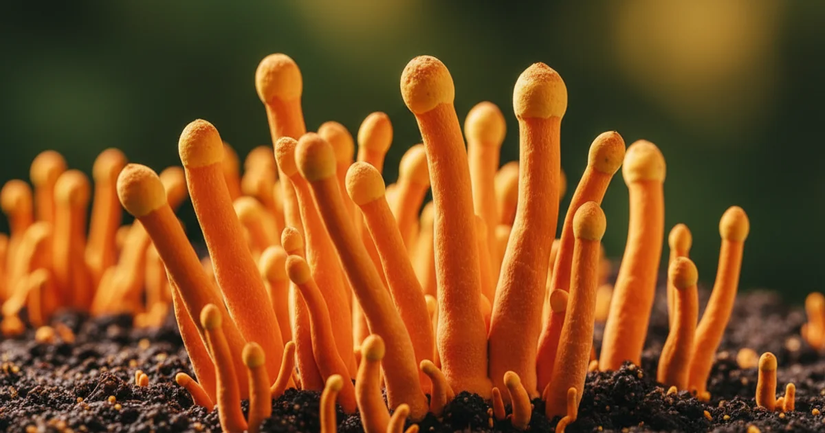 Cogumelo Cordyceps militaris de coloração laranja-avermelhada em detalhe macro