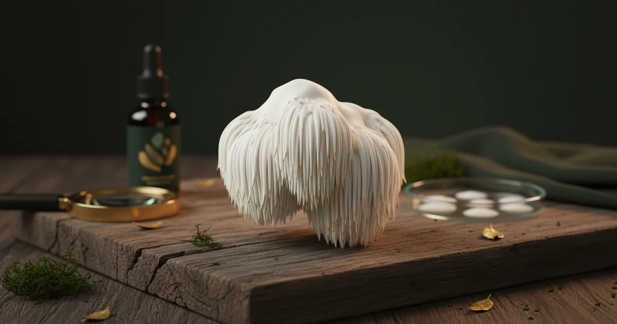 Cogumelo juba de leão (Hericium erinaceus) em close, sobre fundo natural com tons verdes