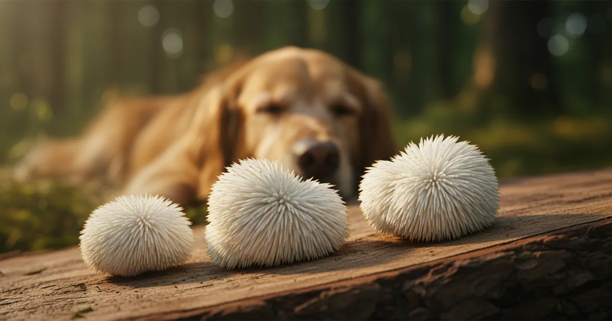 Cão deitado próximo a um cogumelo juba de leão (Hericium erinaceus) em ambiente de floresta
