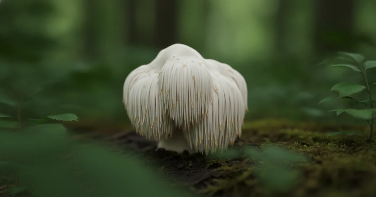 Corpo de frutificação de cogumelo juba de leão (Hericium erinaceus) em detalhe macro