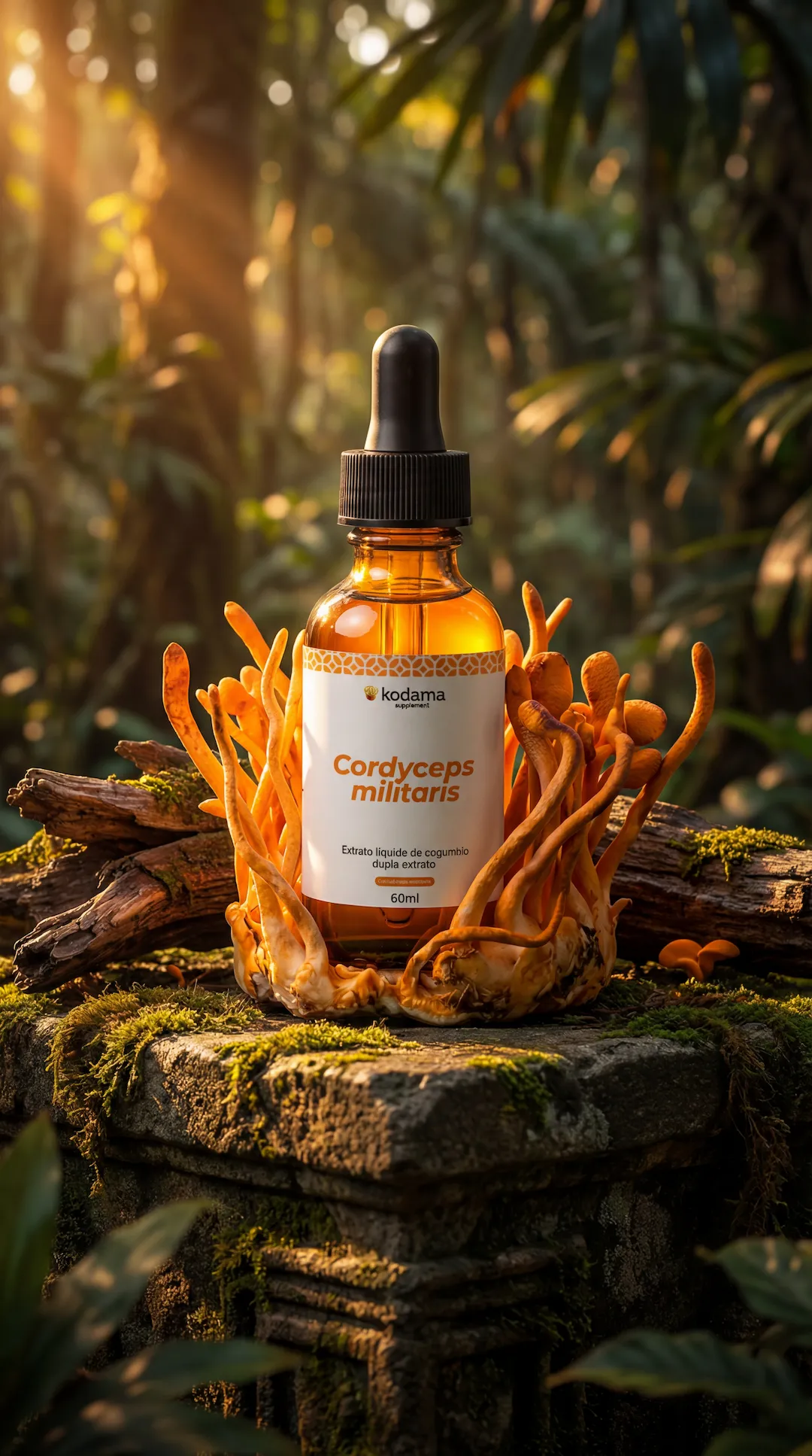 Frasco de Extrato Líquido de Cordyceps Kodama sobre folhagem